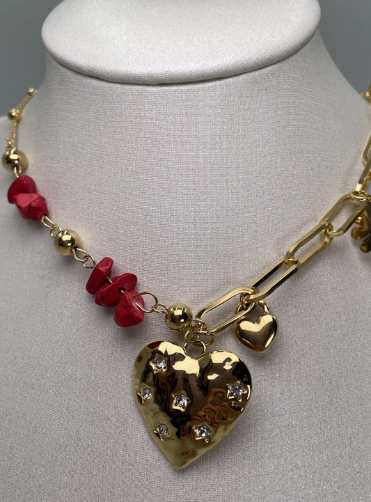 Necklace chains, heart and stones