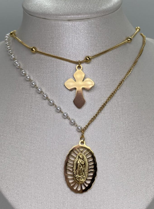 Cross and madonna necklace set